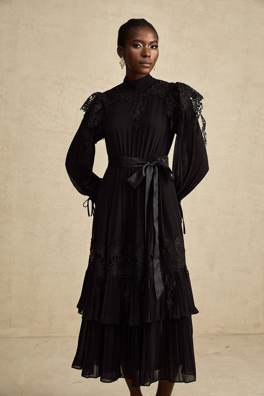 Lucie black guipure-lace ruffled midi dress