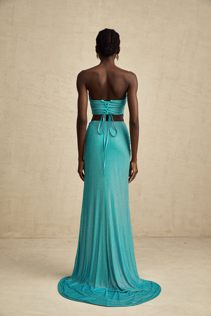 Léa green rhinestone-studded pleated top & skirt matching set