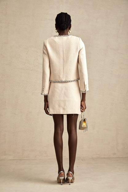 Elisabeth beige crystal tweed cardigan & skirt matching set