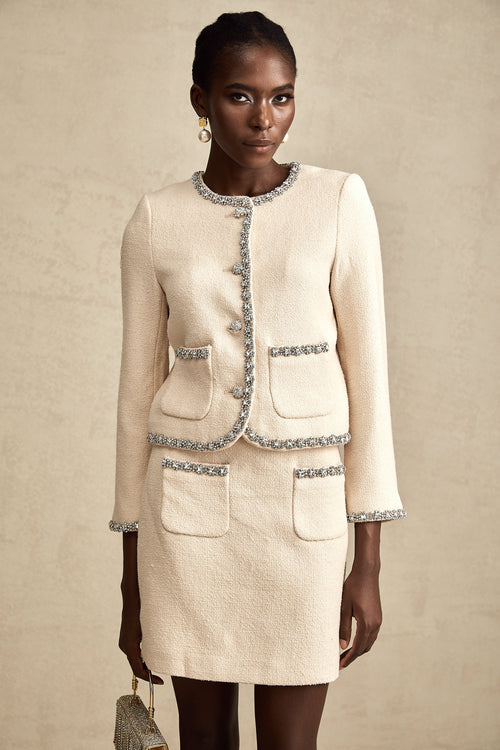 Elisabeth beige crystal tweed cardigan & skirt matching set