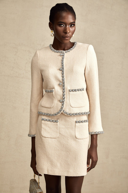 Elisabeth beige crystal tweed cardigan & skirt matching set