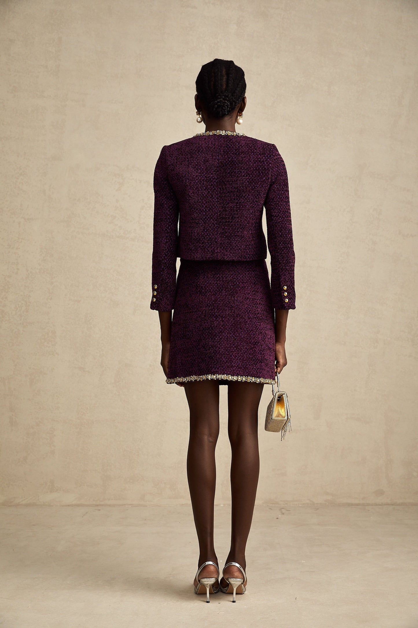 Elise purple crystal-trim tweed cardigan & skirt matching set