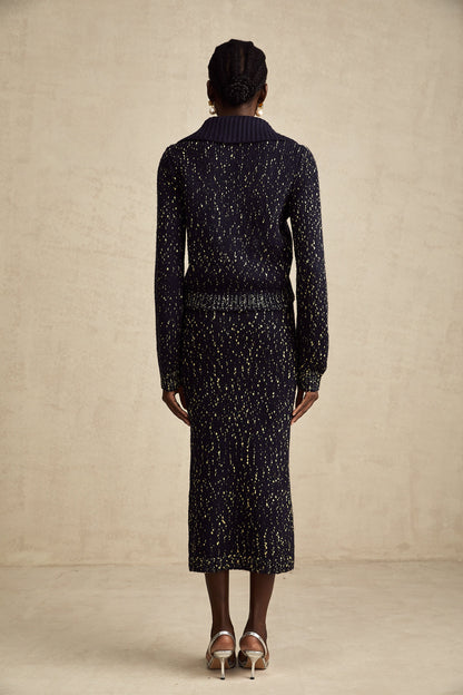 Claudine navy crochet-knit jacket & skirt matching set