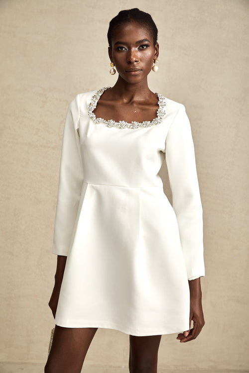 Angélique white crystal-embellished A-line mini dress (US Only)
