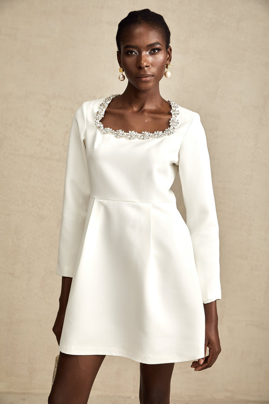 Angélique white crystal-embellished A-line mini dress (US Only)