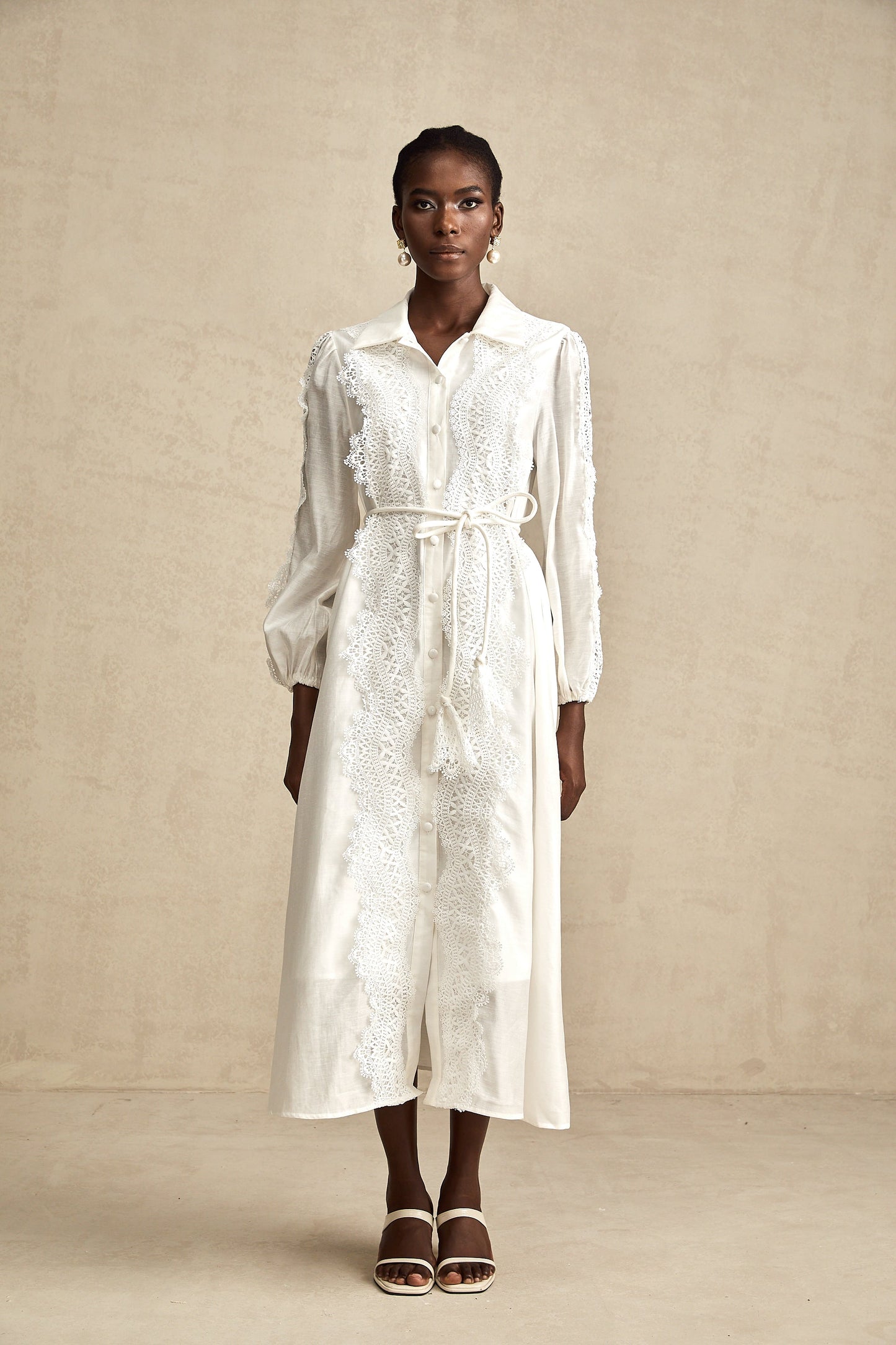 Colette white lace-detail tied-waist midi dress
