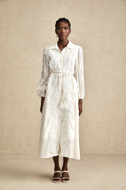 Colette white lace-detail tied-waist midi dress