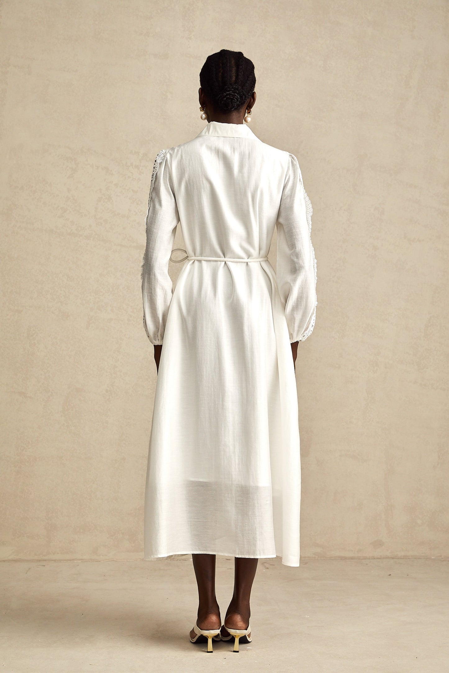 Colette white lace-detail tied-waist midi dress