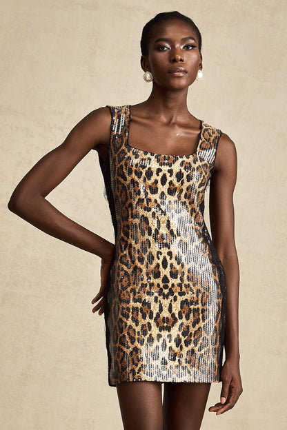 Fleur brown leopard-print lace sequinned mini dress