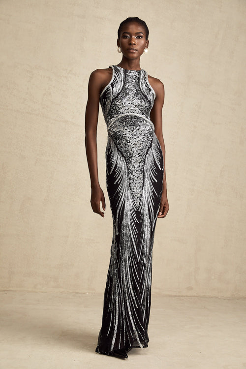 Ghislaine black embellished flared sleeveless maxi dress (US Only)