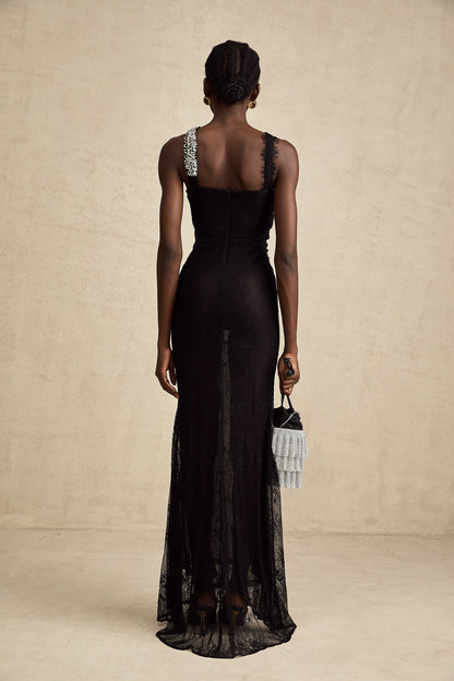 Irène black crossover crystal-embellished maxi dress