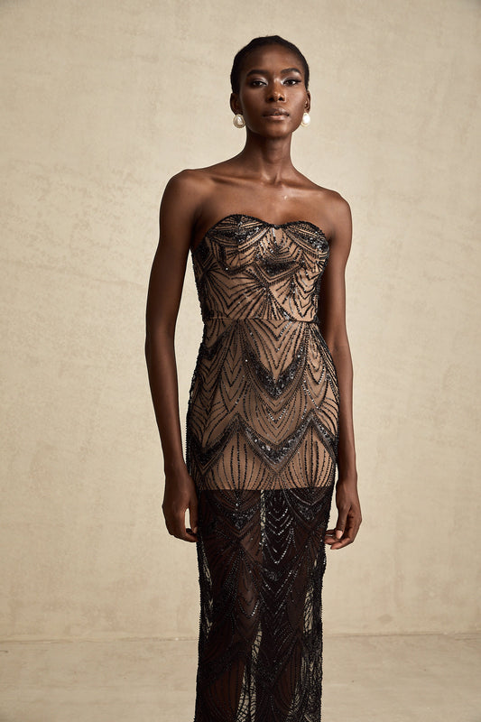 Frédérique black sequinned corset mesh maxi dress