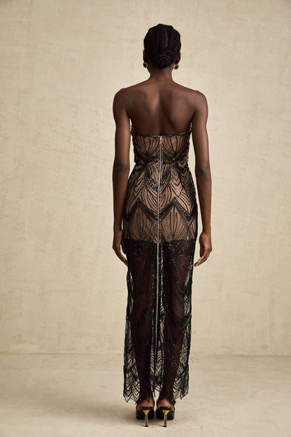 Frédérique black sequinned corset mesh maxi dress