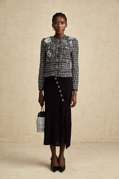 Justine black frayed-edge checked tweed jacket