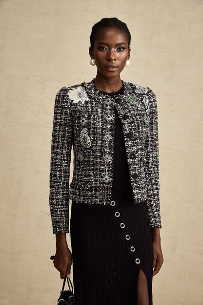 Justine black frayed-edge checked tweed jacket