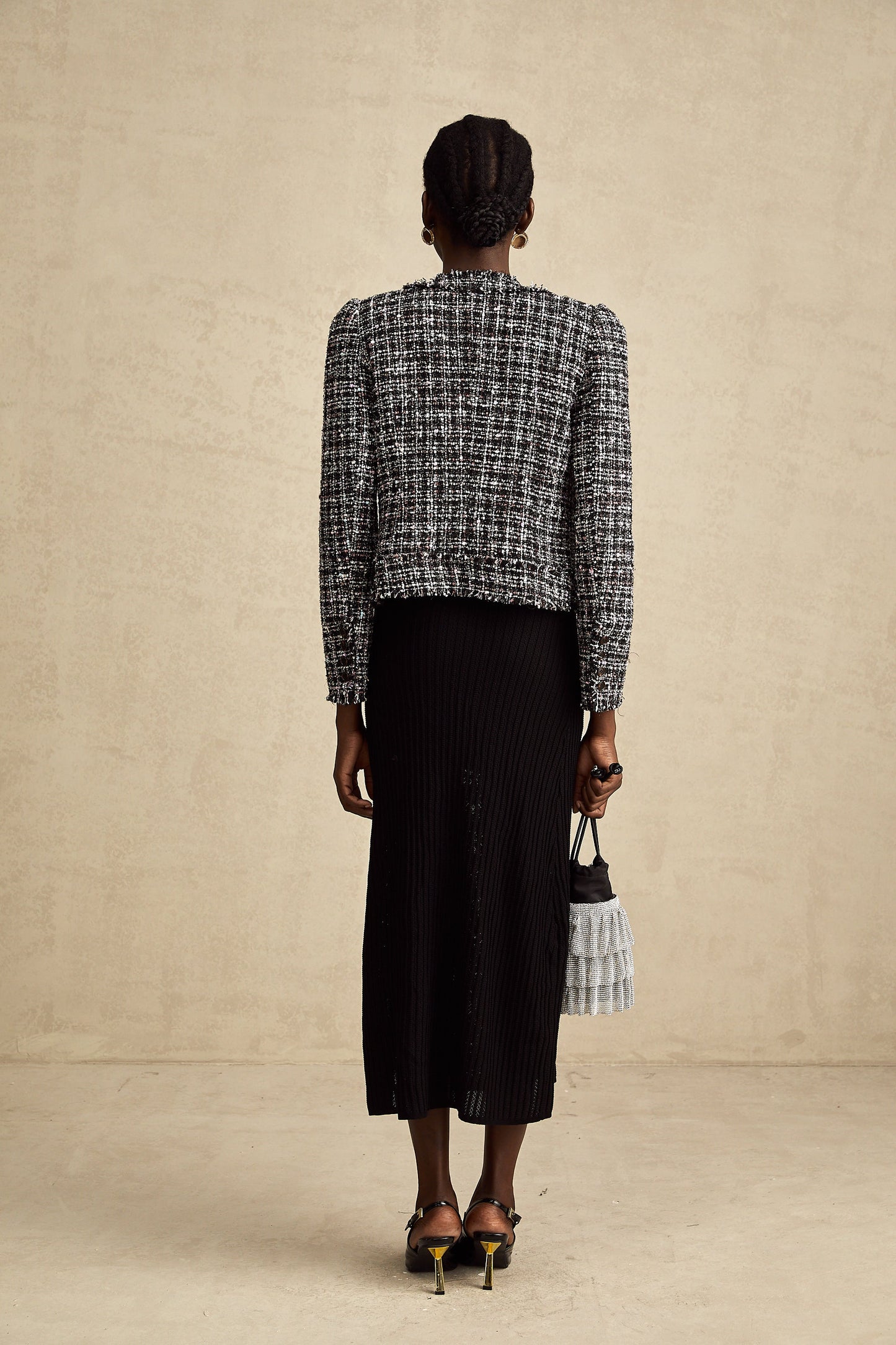 Justine black frayed-edge checked tweed jacket