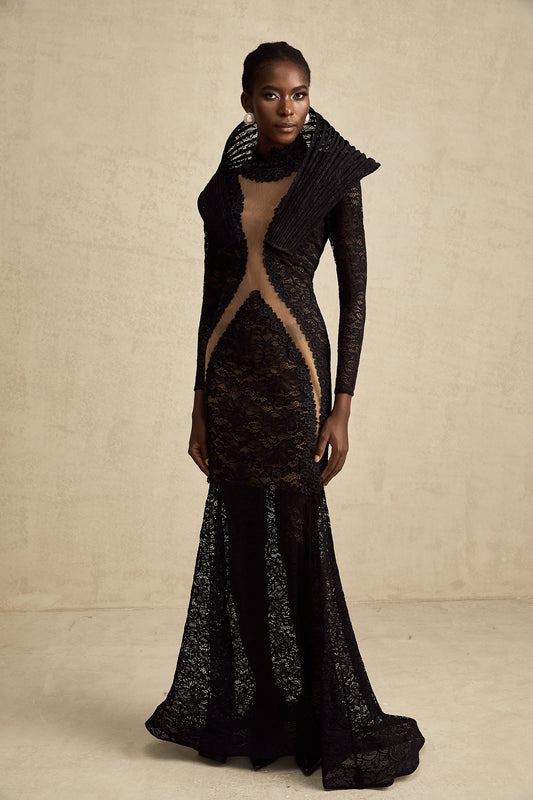 Inès black structured split-detail fishtail maxi dress