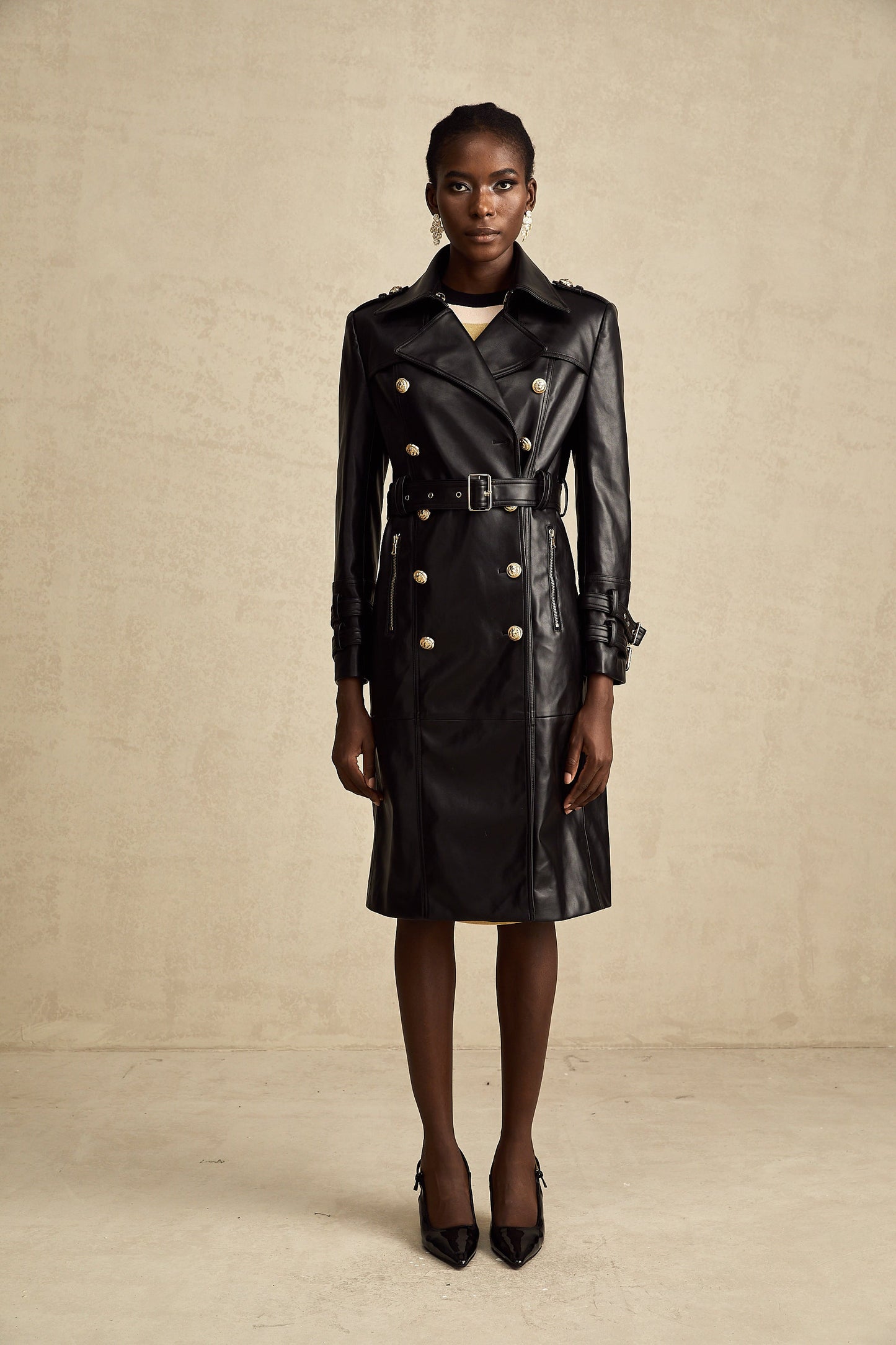 Camille black double-breasted belted leather coat