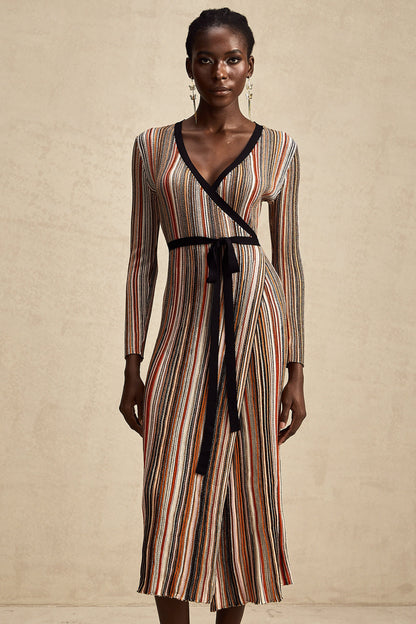 Adèle stripe wrap-design metallic midi dress