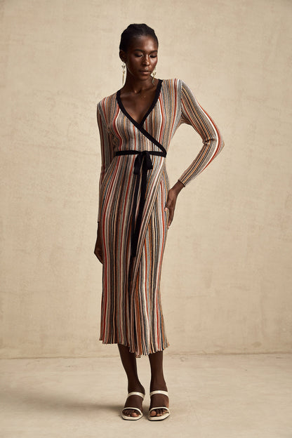 Adèle stripe wrap-design metallic midi dress