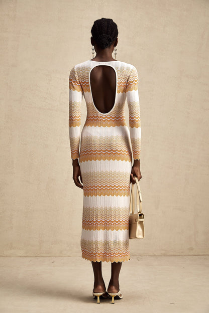 Alizée orange stripe-pattern metallic midi dress