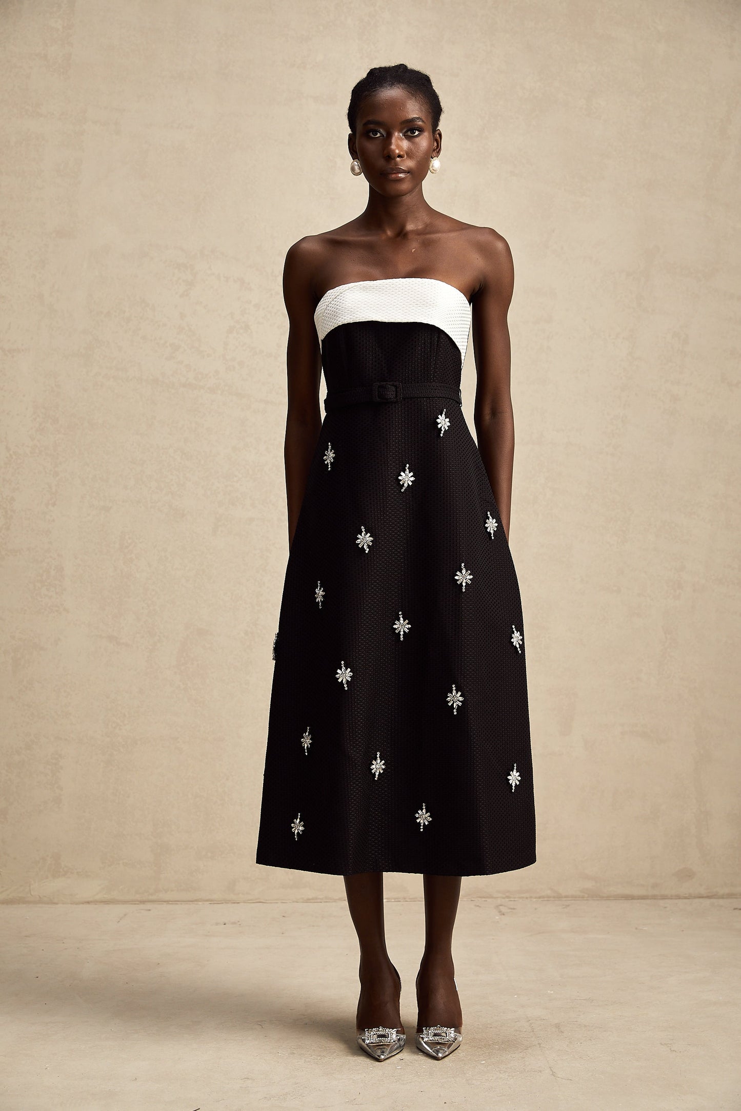 Morgane contrast-color embellished belted midi dress (US Only)