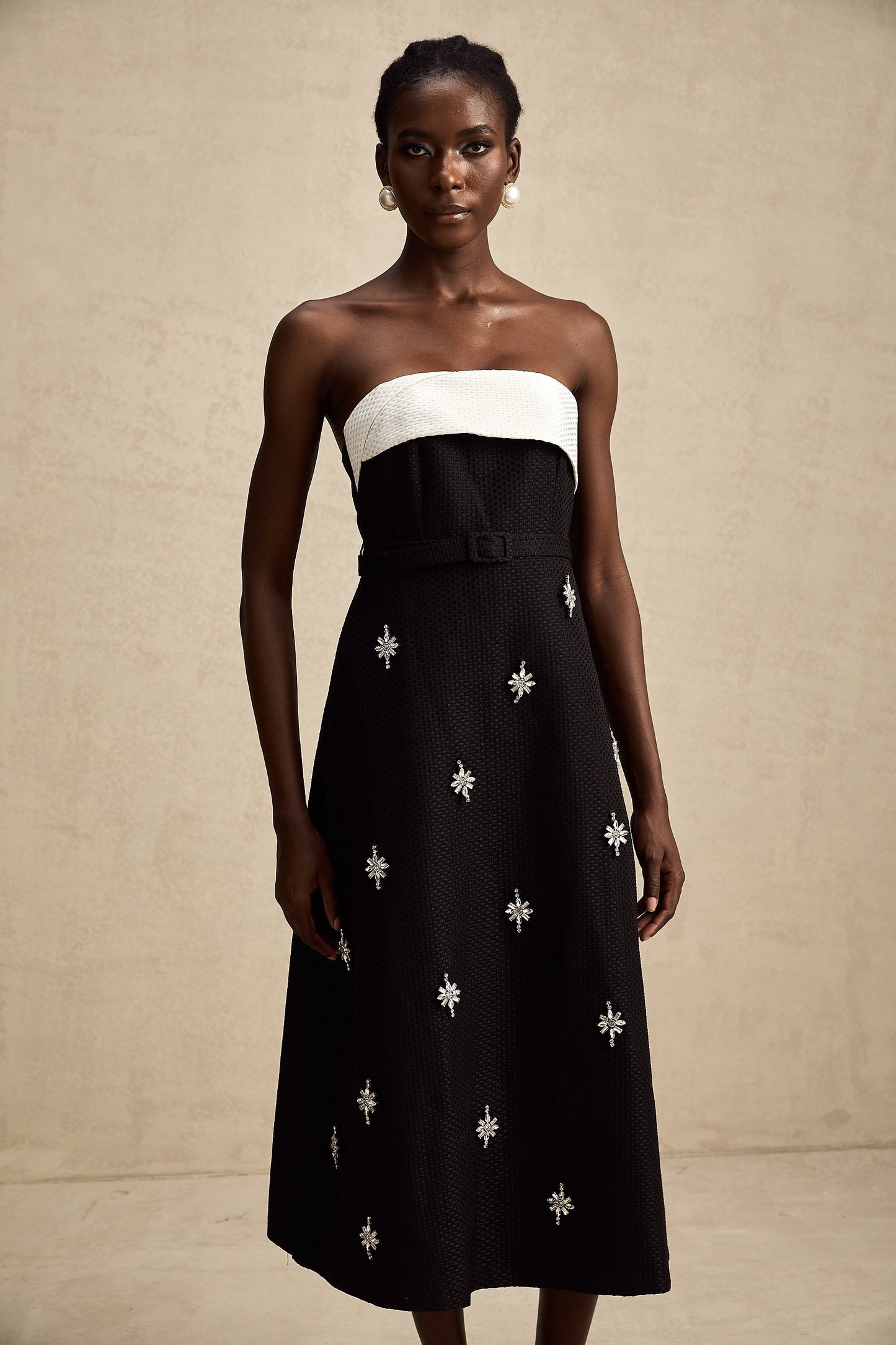 Morgane contrast-color embellished belted midi dress (US Only)
