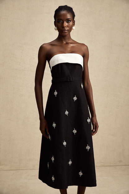 Morgane contrast-color embellished belted midi dress (US Only)