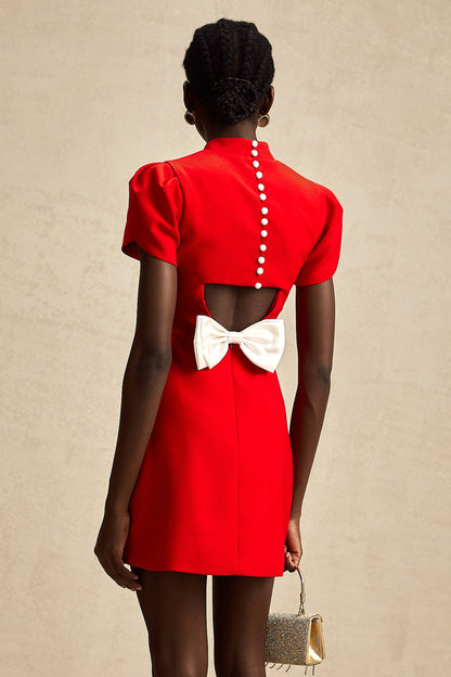 Anna red petal-sleeve cut-out bow mini dress (US Only)