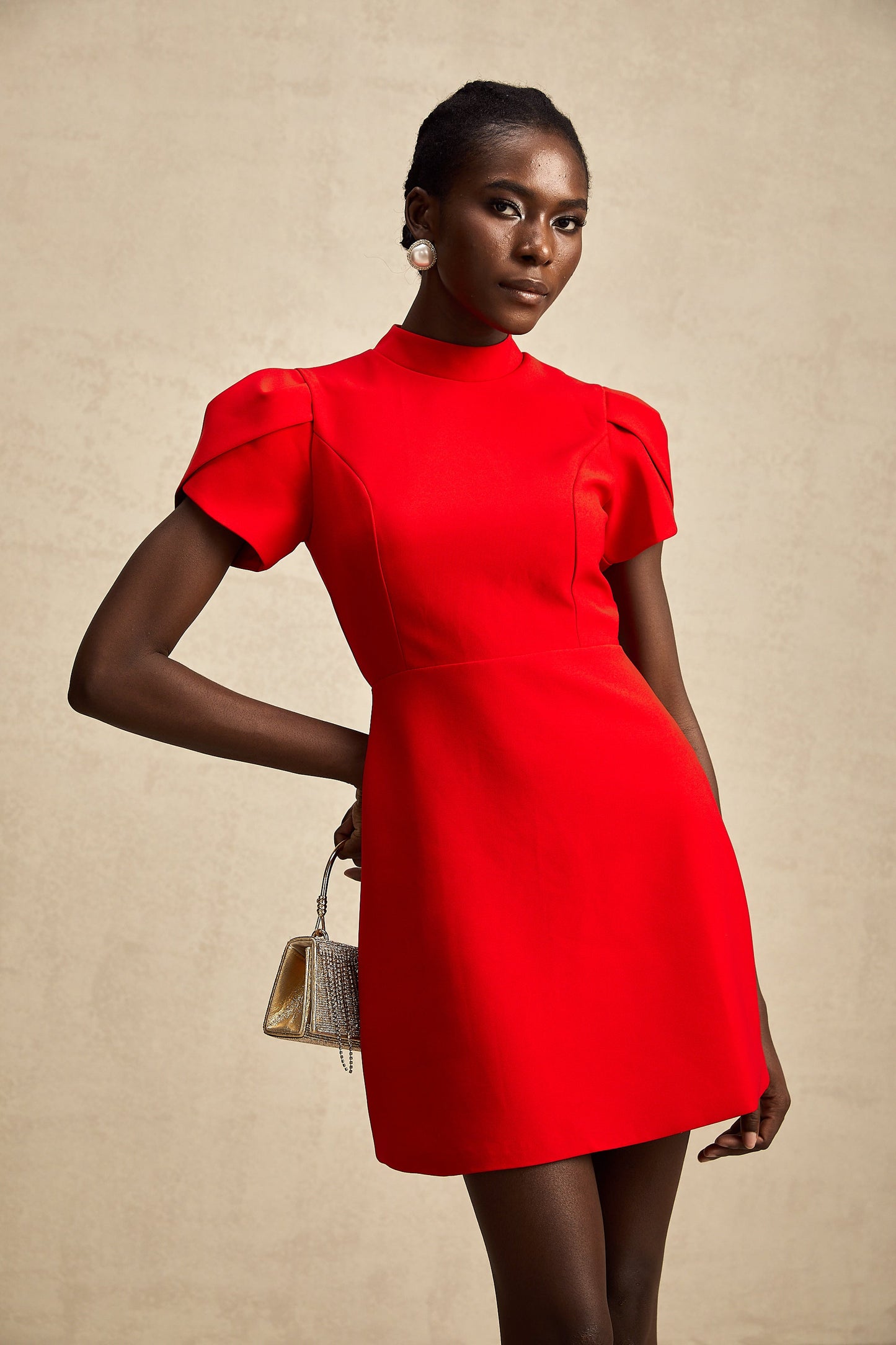 Anna red petal-sleeve cut-out bow mini dress (US Only)