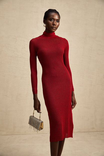 Arianee red metallic pointelle midi dress