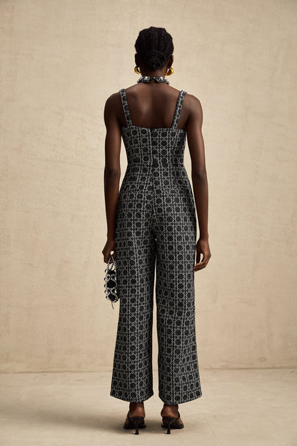 Carole black diamond-pattern tweed jumpsuit