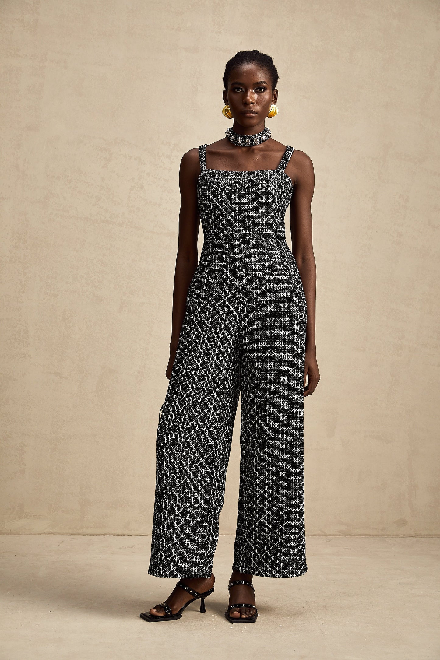 Carole black diamond-pattern tweed jumpsuit