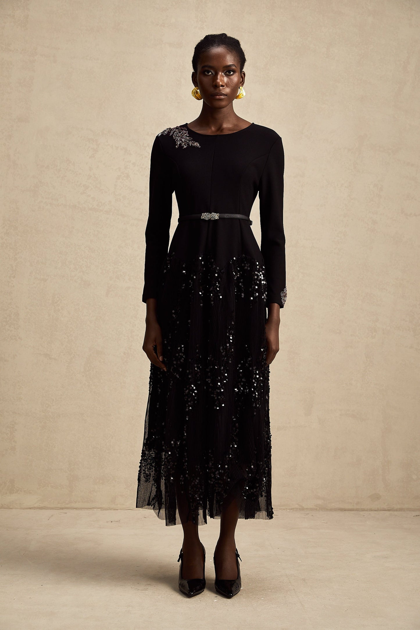 Carole black tulle-panel studded midi dress (US Only)