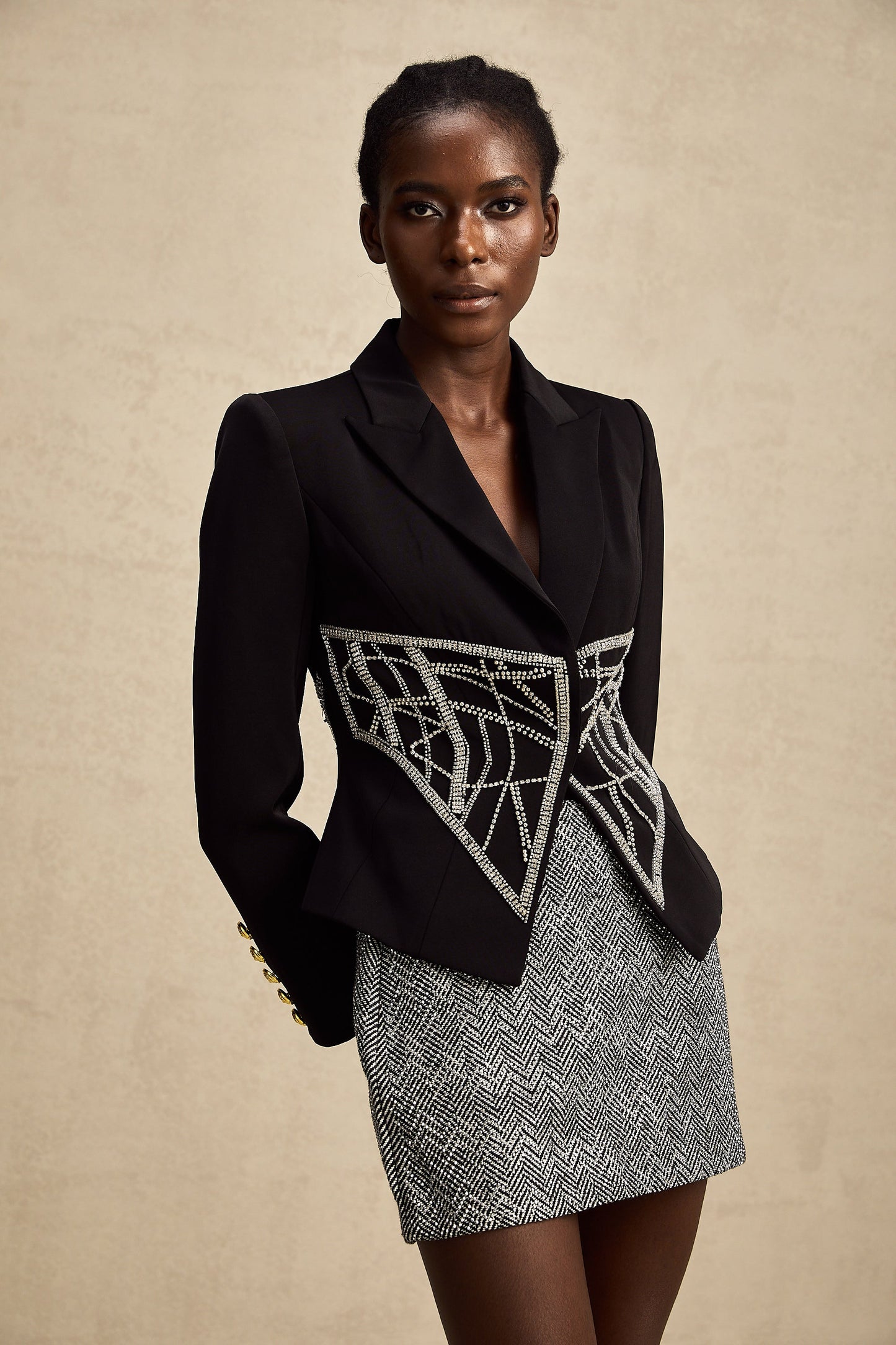 Geneviève black embellished cinched-waist jacket