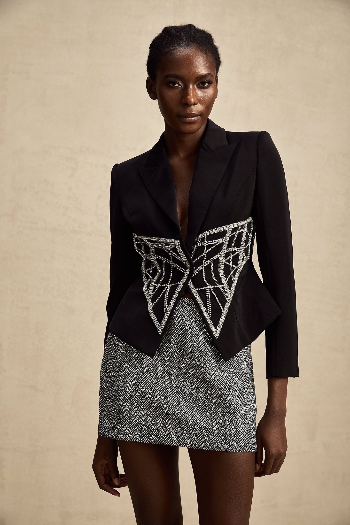 Geneviève black embellished cinched-waist jacket