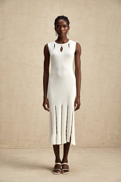 Hilaire white beaded sleeveless cut-out knit midi dress