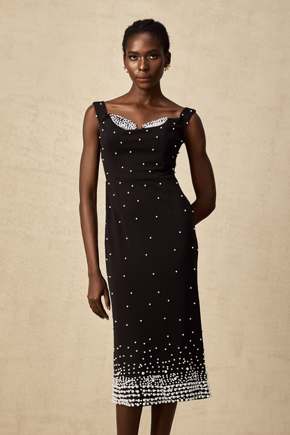 Apolline black faux-pearl embellished midi dress
