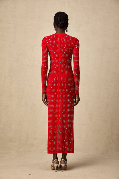 Ghislaine red rhinestone tulle maxi dress (US Only)