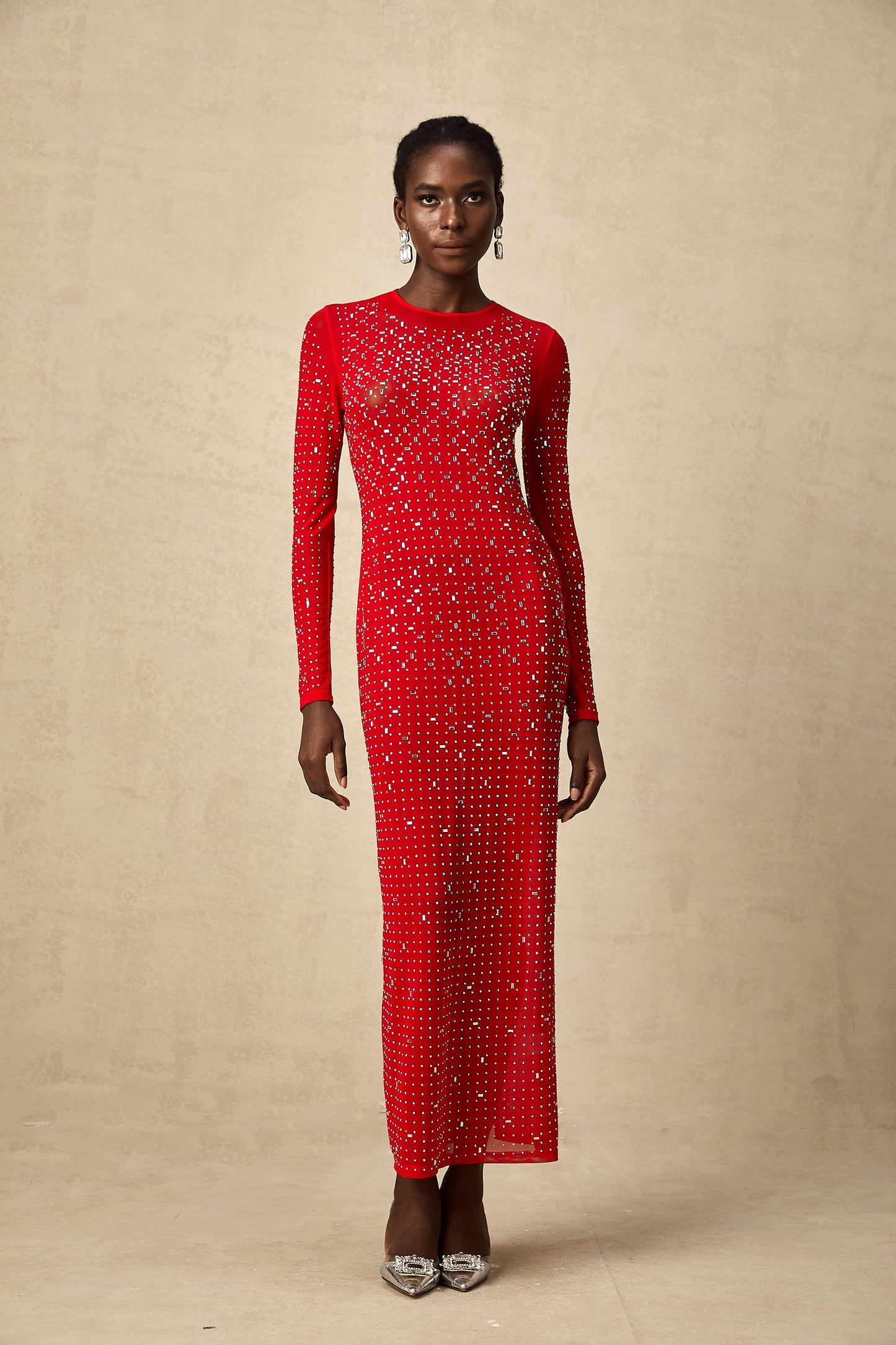 Ghislaine red rhinestone tulle maxi dress (US Only)