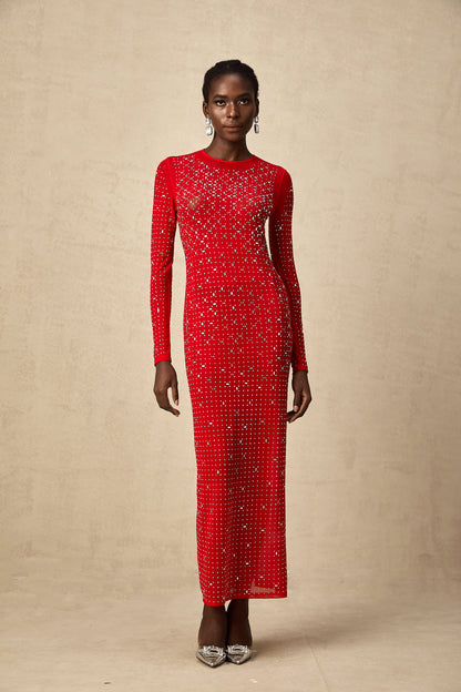 Ghislaine red rhinestone tulle maxi dress (US Only)