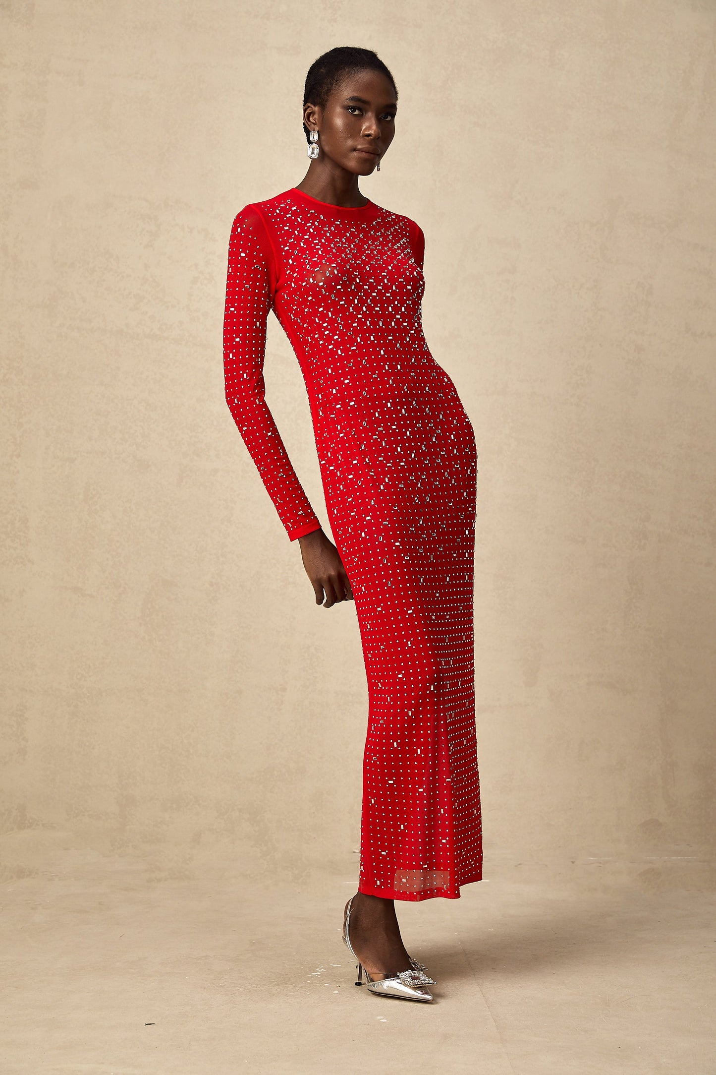 Ghislaine red rhinestone tulle maxi dress (US Only)