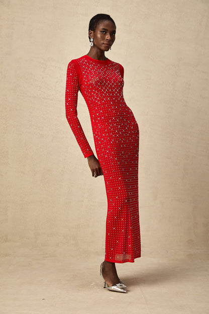 Ghislaine red rhinestone tulle maxi dress (US Only)