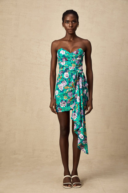 Abby green floral ruched mini dress