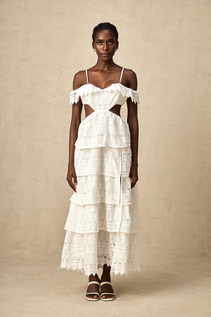Genevieve white lace open-work maxi dress