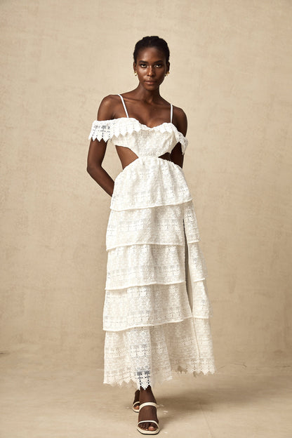 Genevieve white lace open-work maxi dress