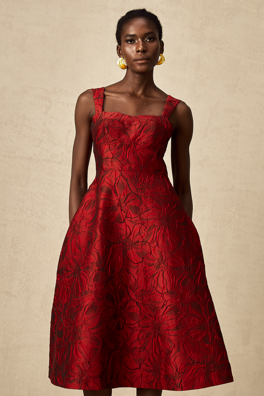 Hélène red floral-jacquard midi dress (US Only)