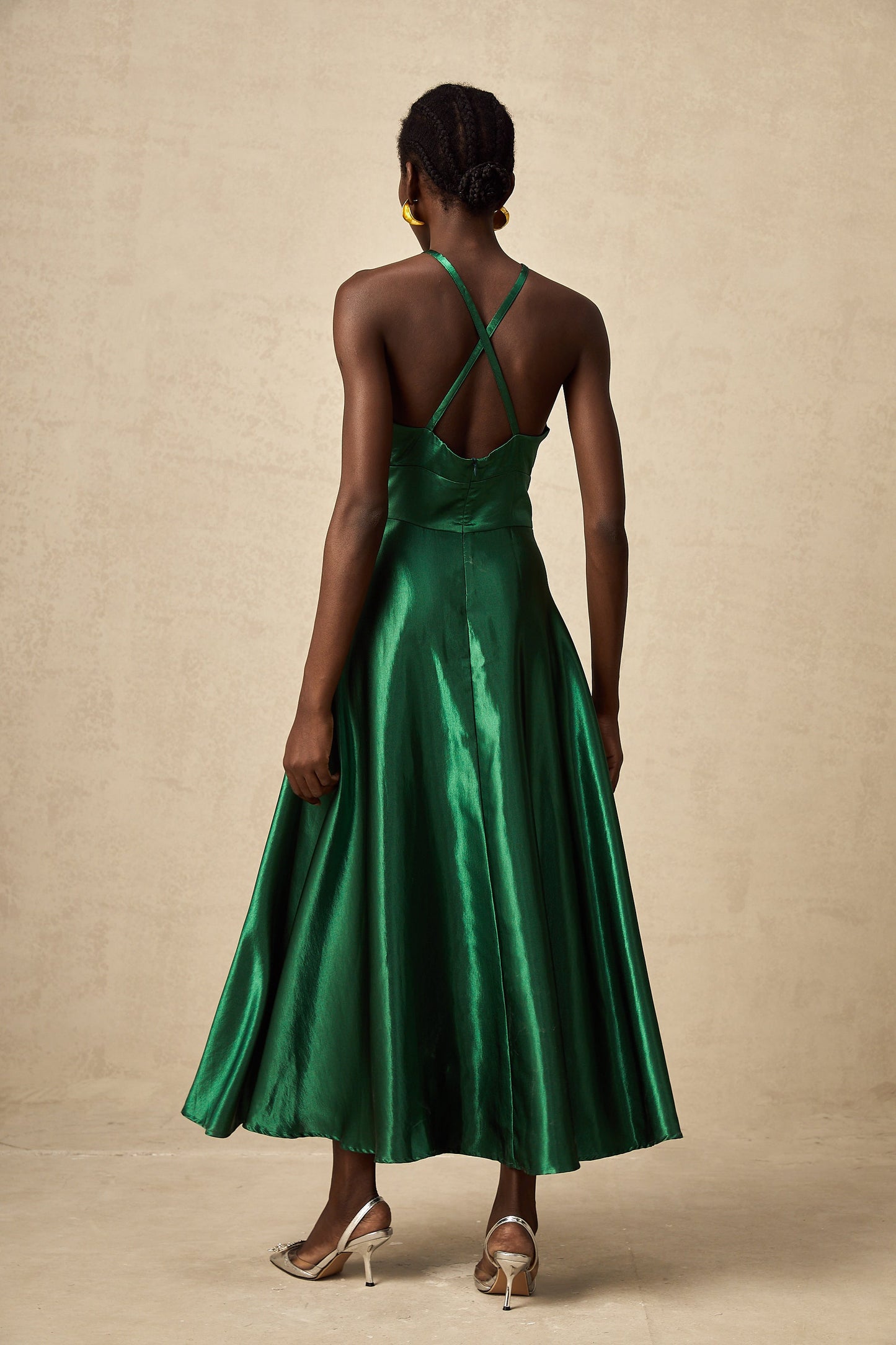 Geneviève emerald satin open-back midi dress
