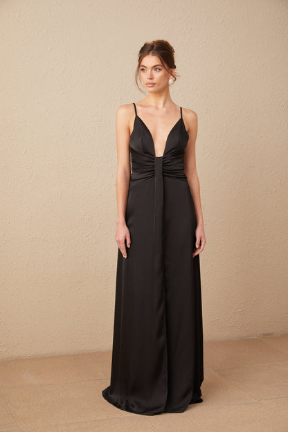 Blanche black satin V-neck front-slit maxi dress