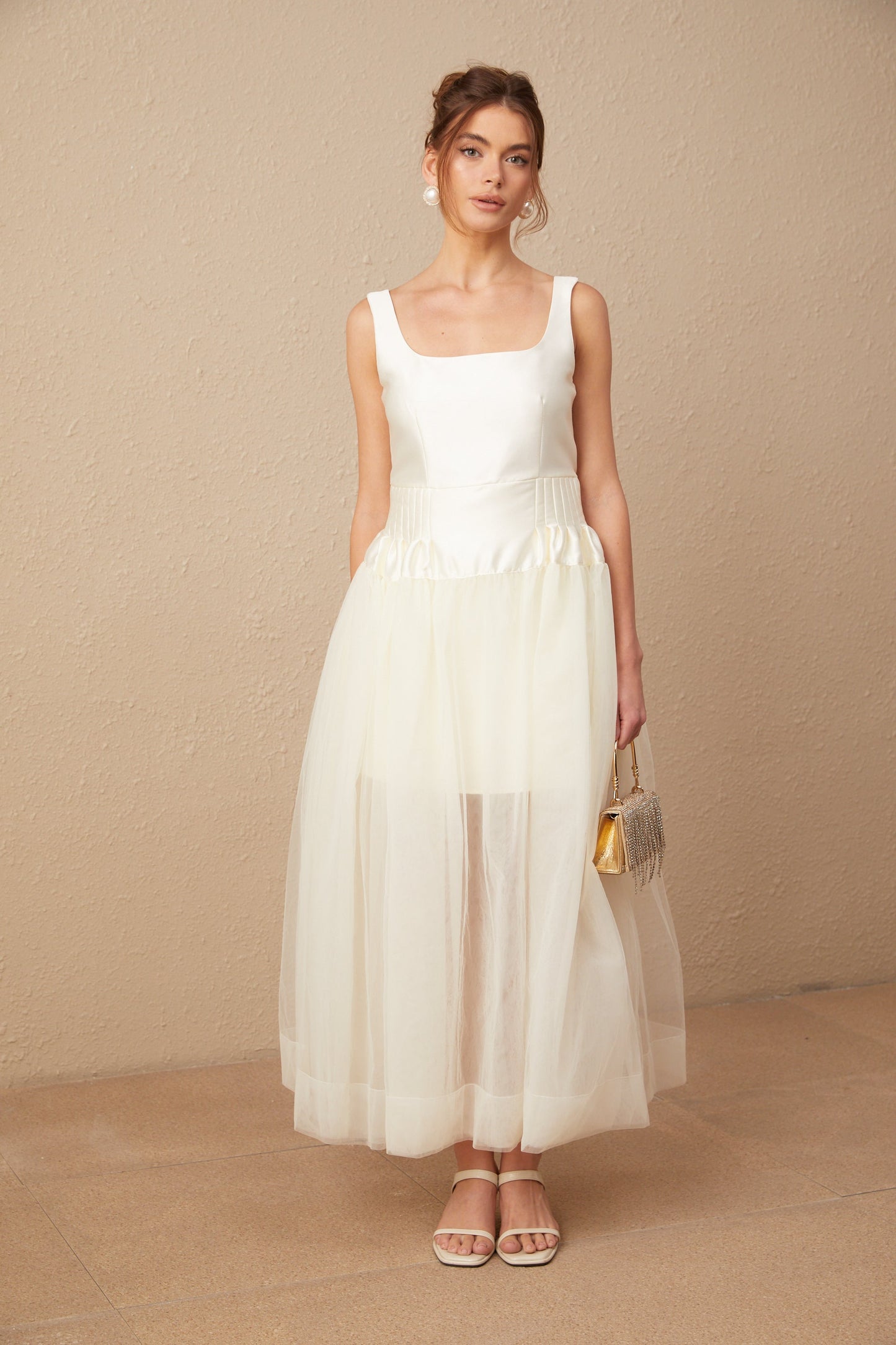Lucie white satin tulle panelled maxi dress